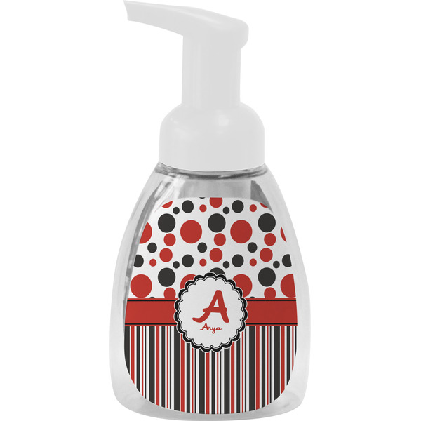 Custom Red & Black Dots & Stripes Foam Soap Bottle - White (Personalized)