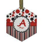 Red & Black Dots & Stripes Flat Glass Ornament - Hexagon w/ Name and Initial