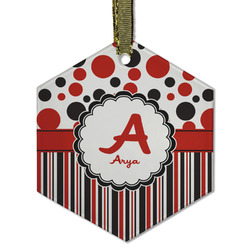 Red & Black Dots & Stripes Flat Glass Ornament - Hexagon w/ Name and Initial