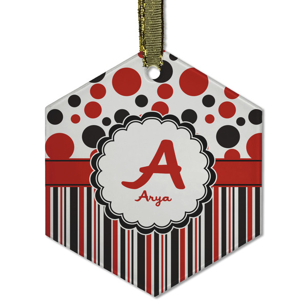 Custom Red & Black Dots & Stripes Flat Glass Ornament - Hexagon w/ Name and Initial