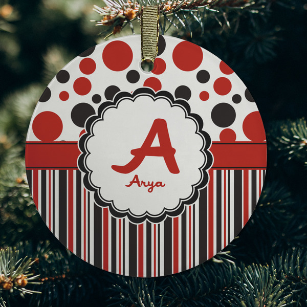 Red & Black Dots & Stripes Frosted Glass Ornament - Round (Lifestyle)