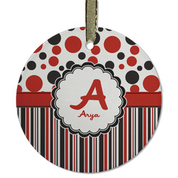 Red & Black Dots & Stripes Flat Glass Ornament - Round w/ Name and Initial