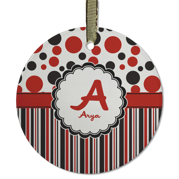 Custom Red & Black Dots & Stripes Flat Glass Ornament - Round w/ Name and Initial