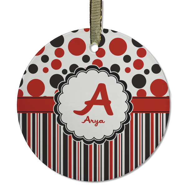 Red & Black Dots & Stripes Frosted Glass Ornament - Round