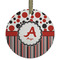 Red & Black Dots & Stripes Flat Glass Ornament - Round w/ Name and Initial