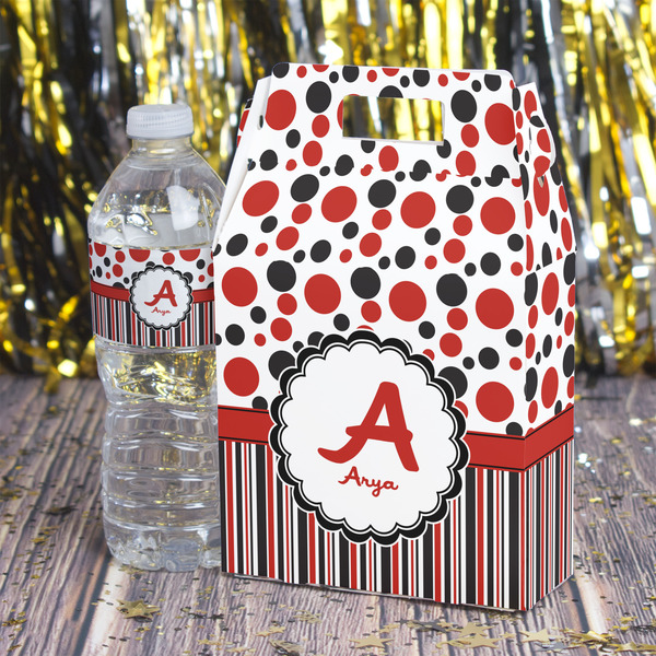 Red & Black Dots & Stripes Gable Favor Box - In Context
