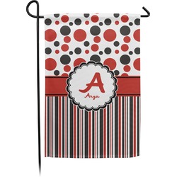 Red & Black Dots & Stripes Small Garden Flag - Double Sided w/ Name and Initial
