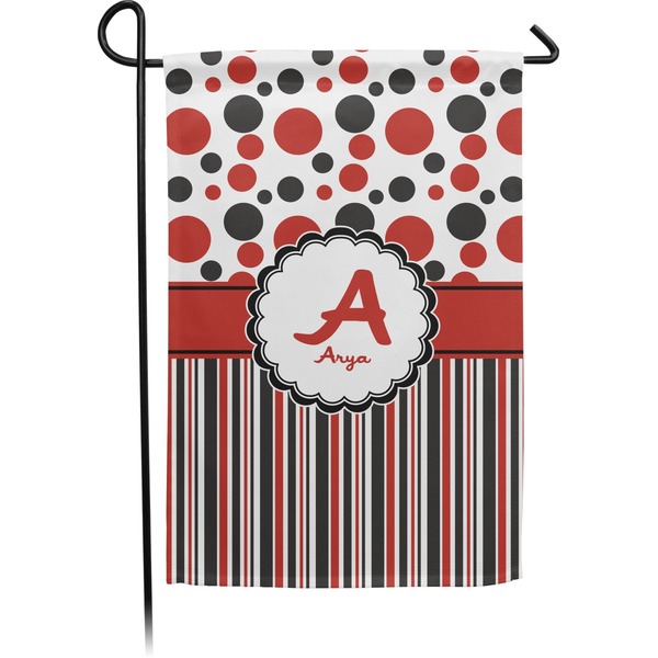 Custom Red & Black Dots & Stripes Small Garden Flag - Double Sided w/ Name and Initial