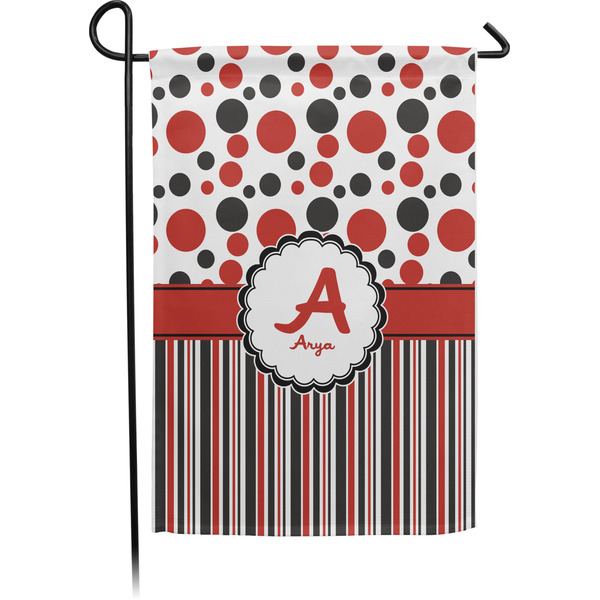 Custom Red & Black Dots & Stripes Small Garden Flag - Single Sided w/ Name and Initial