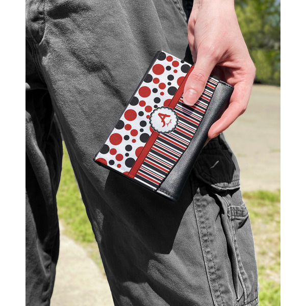 Red & Black Dots & Stripes Genuine Leather Womens Wallet - In Context
