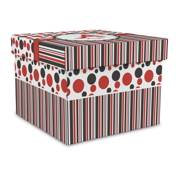 Custom Red & Black Dots & Stripes Gift Box with Lid - Canvas Wrapped - Large (Personalized)