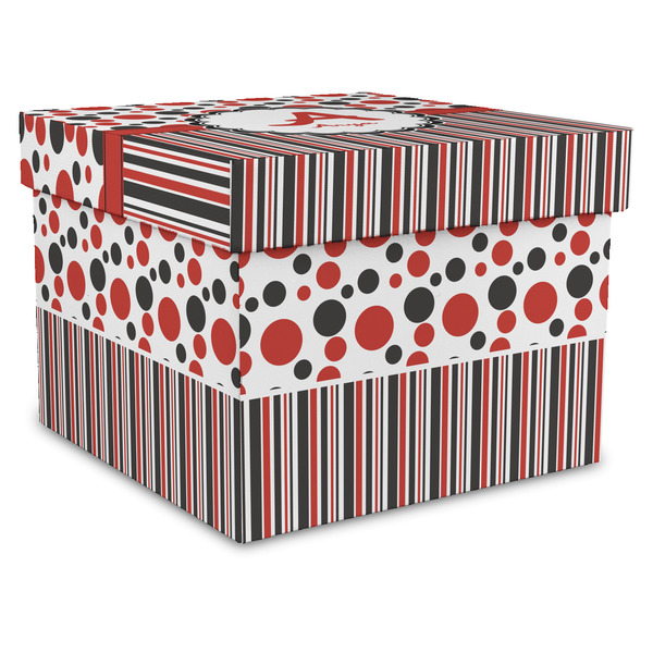 Custom Red & Black Dots & Stripes Gift Box with Lid - Canvas Wrapped - X-Large (Personalized)
