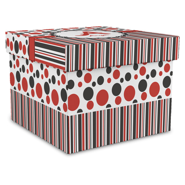 Custom Red & Black Dots & Stripes Gift Box with Lid - Canvas Wrapped - XX-Large (Personalized)