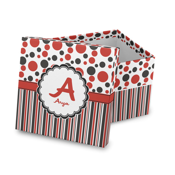 Custom Red & Black Dots & Stripes Gift Box with Lid - Canvas Wrapped (Personalized)