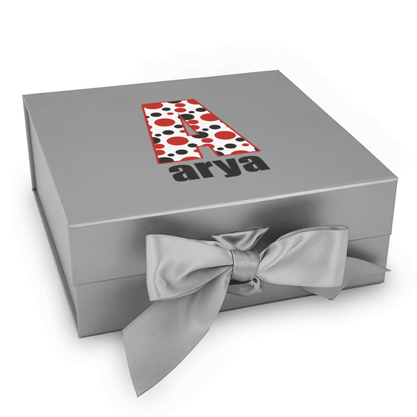 Custom Red & Black Dots & Stripes Gift Box with Magnetic Lid - Silver (Personalized)