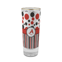 Red & Black Dots & Stripes 2 oz Shot Glass -  Glass with Gold Rim - Set of 4 (Personalized)