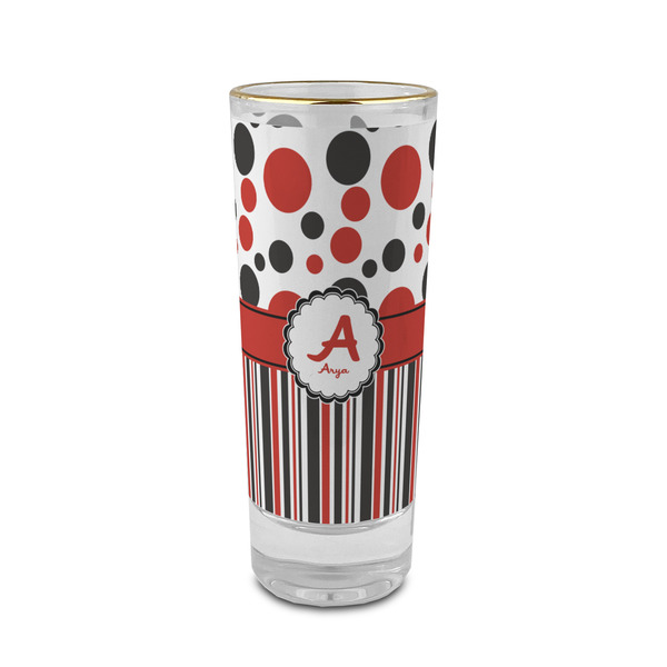 Custom Red & Black Dots & Stripes 2 oz Shot Glass - Glass with Gold Rim (Personalized)