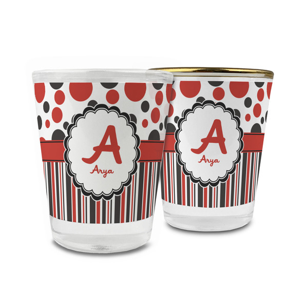 Custom Red & Black Dots & Stripes Glass Shot Glass - 1.5 oz (Personalized)