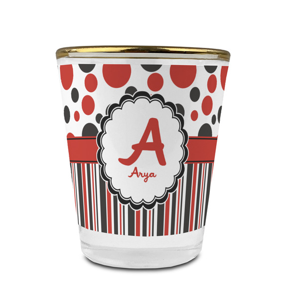 Custom Red & Black Dots & Stripes Glass Shot Glass - 1.5 oz - with Gold Rim - Set of 4 (Personalized)