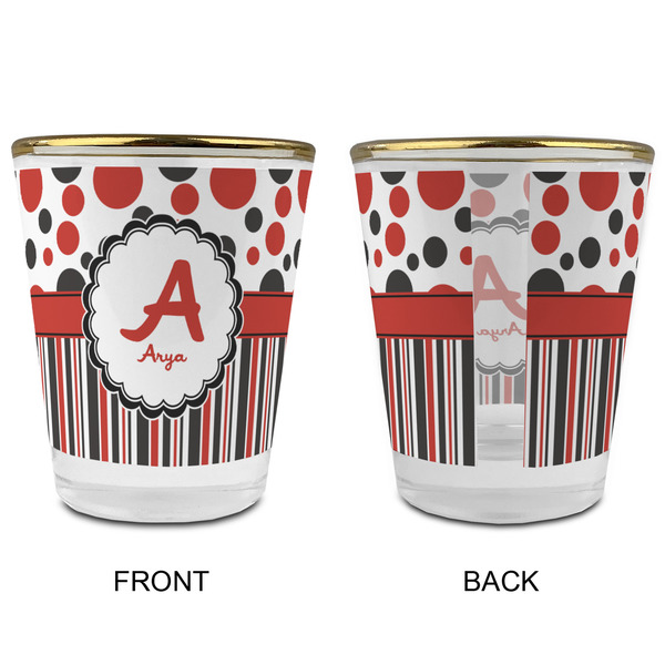 Red & Black Dots & Stripes Glass Shot Glass - with gold rim - APPROVAL