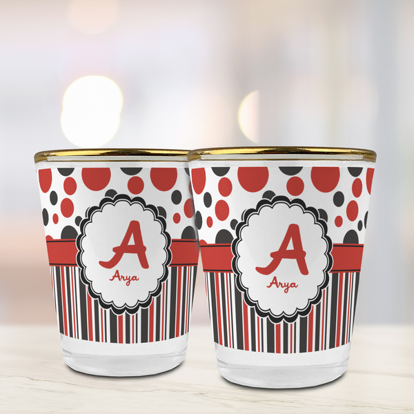 Red & Black Dots & Stripes Glass Shot Glass - with gold rim - LIFESTYLE
