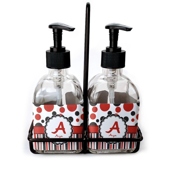 Custom Red & Black Dots & Stripes Glass Soap & Lotion Bottle Set (Personalized)