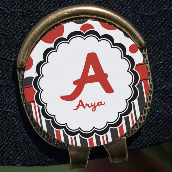 Red & Black Dots & Stripes Golf Ball Marker Hat Clip - Gold - Close Up