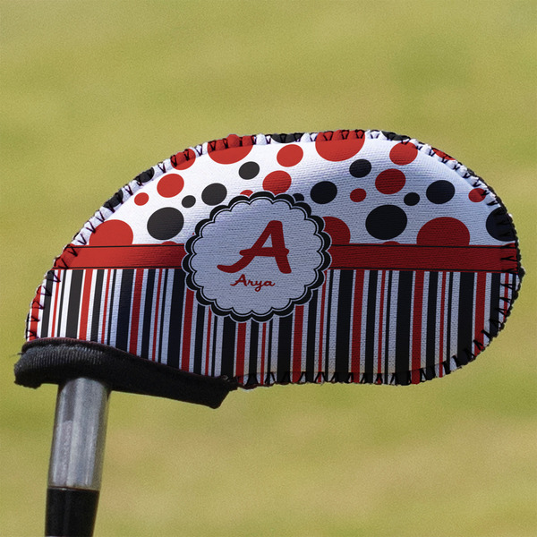 Custom Red & Black Dots & Stripes Golf Club Iron Cover (Personalized)
