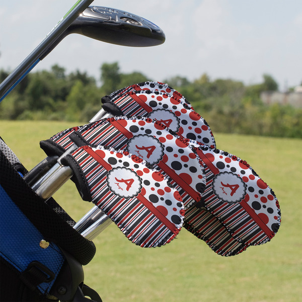 Custom Red & Black Dots & Stripes Golf Club Iron Cover - Set of 9 (Personalized)