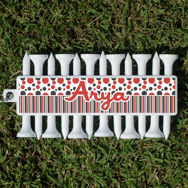 Custom Red & Black Dots & Stripes Golf Tees & Ball Markers Set (Personalized)