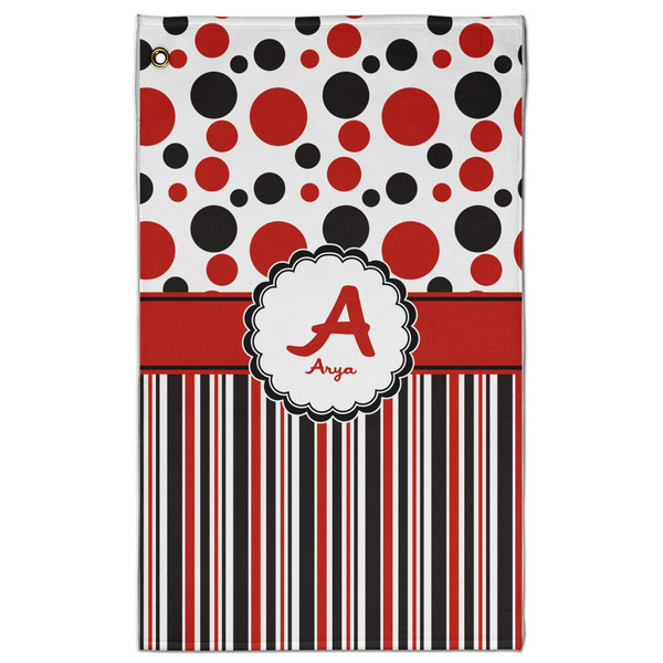 Custom Red & Black Dots & Stripes Golf Towel - Poly-Cotton Blend - Large w/ Name and Initial