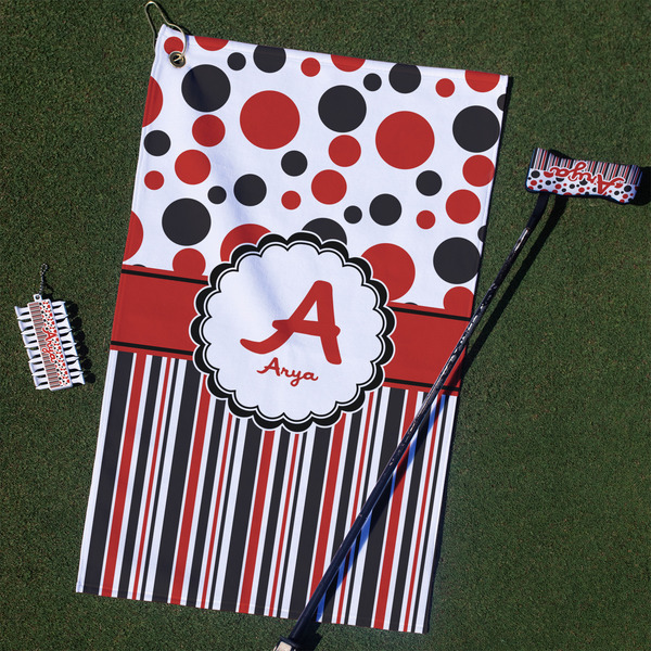 Custom Red & Black Dots & Stripes Golf Towel Gift Set (Personalized)