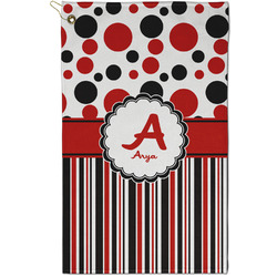 Red & Black Dots & Stripes Golf Towel - Poly-Cotton Blend - Small w/ Name and Initial