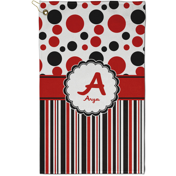 Custom Red & Black Dots & Stripes Golf Towel - Poly-Cotton Blend - Small w/ Name and Initial