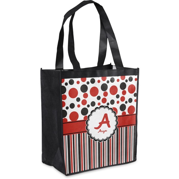 Custom Red & Black Dots & Stripes Grocery Bag (Personalized)