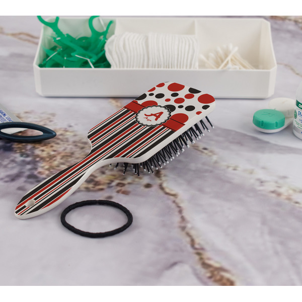 Red & Black Dots & Stripes Hair Brush - In Bathroom