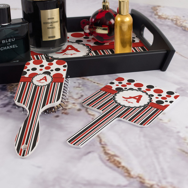 Red & Black Dots & Stripes Hair Brush and Hand Mirror - Bathroom Scene