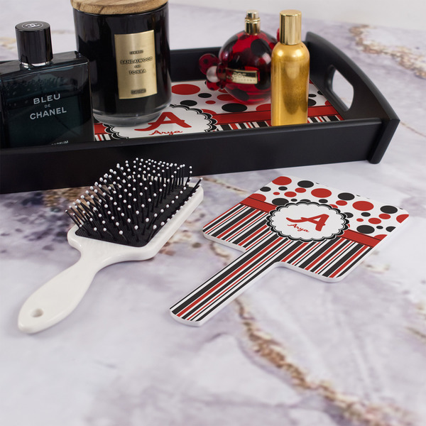 Red & Black Dots & Stripes Hand Mirror - With Hair Brush