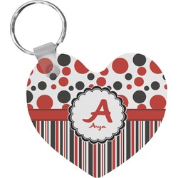 Red & Black Dots & Stripes Heart Plastic Keychain w/ Name and Initial