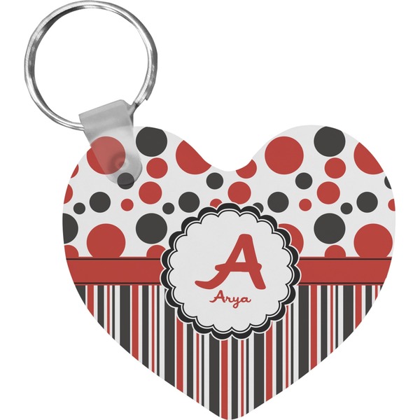 Custom Red & Black Dots & Stripes Heart Plastic Keychain w/ Name and Initial