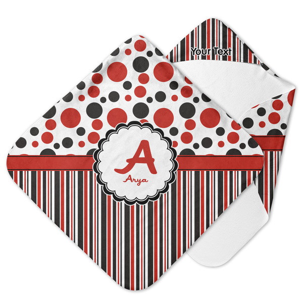 Custom Red & Black Dots & Stripes Hooded Baby Towel (Personalized)