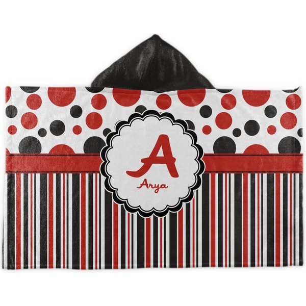 Custom Red & Black Dots & Stripes Kids Hooded Towel (Personalized)