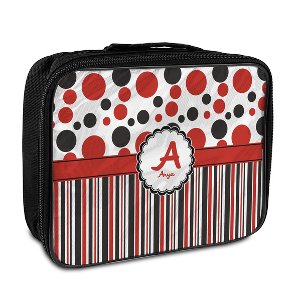 Custom Red & Black Dots & Stripes Insulated Lunch Bag (Personalized)