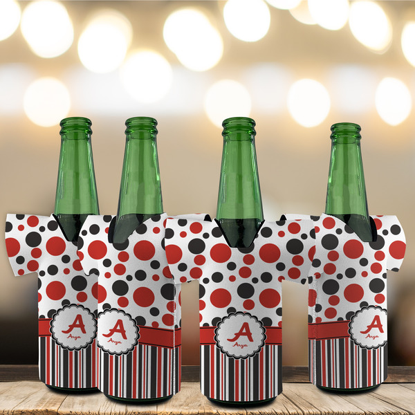 Red & Black Dots & Stripes Jersey Bottle Cooler - Set of 4 - LIFESTYLE