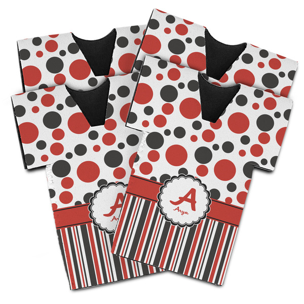 Custom Red & Black Dots & Stripes Jersey Bottle Cooler - Set of 4 (Personalized)