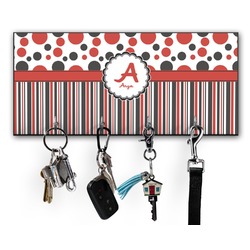 Red & Black Dots & Stripes Key Hanger w/ 4 Hooks w/ Name and Initial