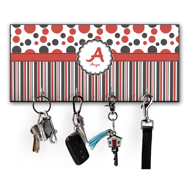 Custom Red & Black Dots & Stripes Key Hanger w/ 4 Hooks w/ Name and Initial