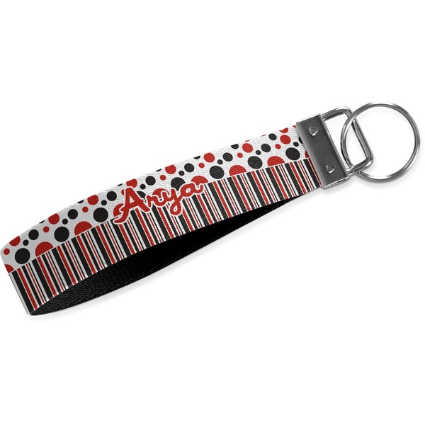 Custom Red & Black Dots & Stripes Webbing Keychain Fob - Small (Personalized)