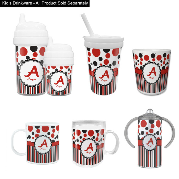 Red & Black Dots & Stripes Kid's Drinkware - Customized & Personalized