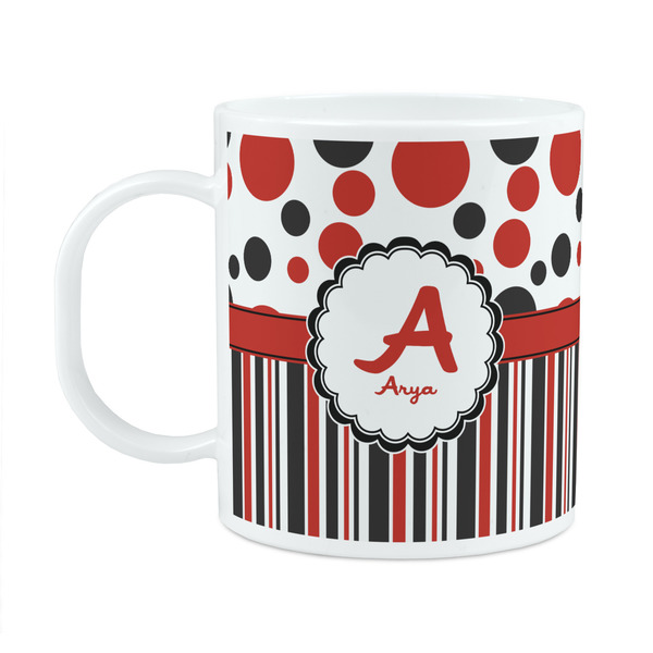 Custom Red & Black Dots & Stripes Plastic Kids Mug (Personalized)